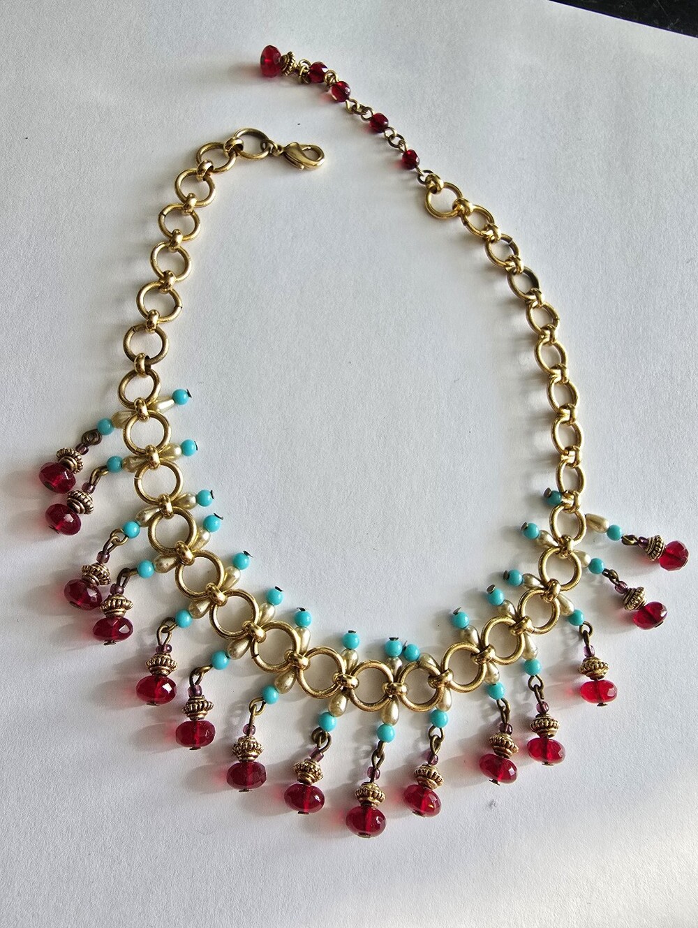 Anklet with red and blue beads gold tone metal adjustable ankle bracelet